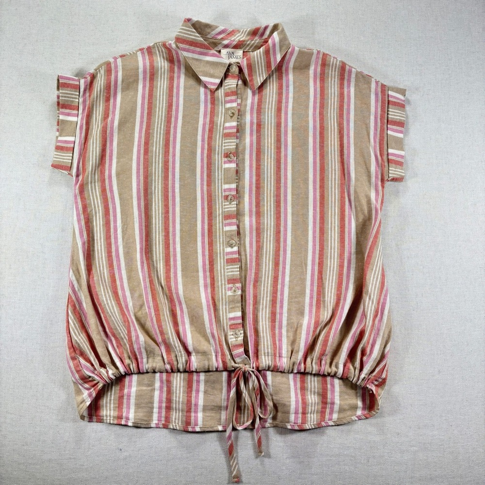 Ava‎ James Striped Linen Blend Tie Waist Shirt Top Womens Medium